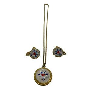 Vintage Goldtone Screwback Earrings & 18" Chain Necklace Set With Heart & Bird